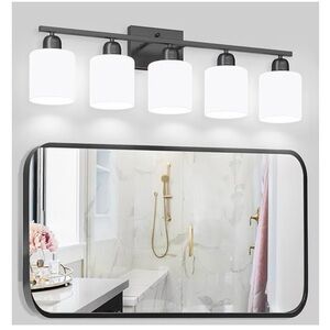 5-Light Black Bathroom Vanity Light with Milky White Frosted Glass Shades. New